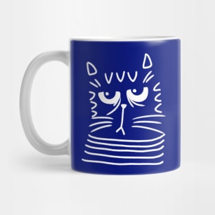 Cute blue and white cat head with grumpy face on blue background Mug